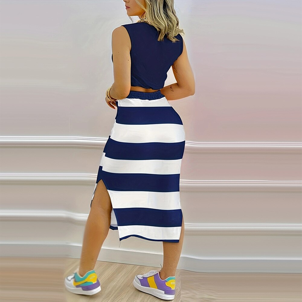 2023 Summer Fashion Navy Style Sleeveless Printed Crop Top Women High Waist Split Long Skirt Set Casual Two Piece Set Streetwear