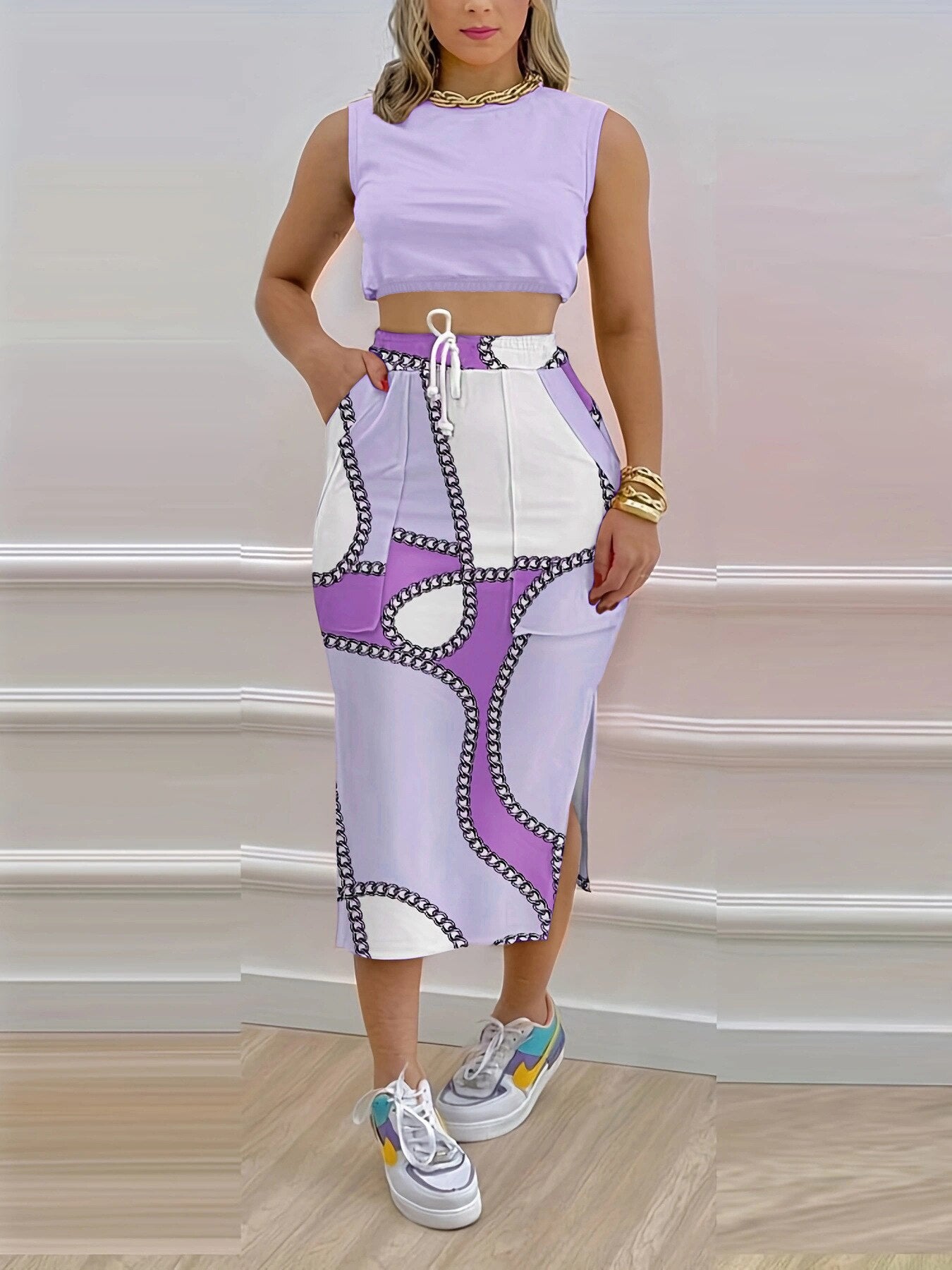 2023 Summer Fashion Navy Style Sleeveless Printed Crop Top Women High Waist Split Long Skirt Set Casual Two Piece Set Streetwear